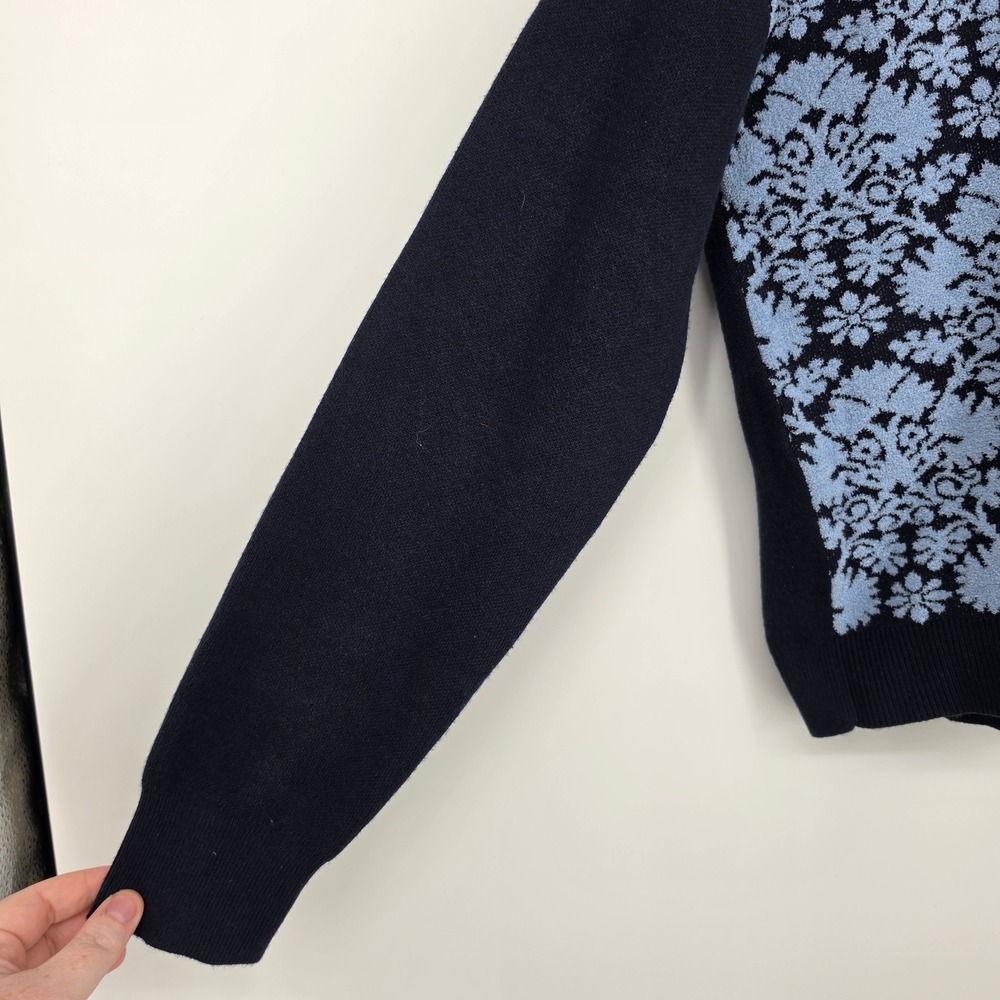 Nanette Lepore Cardigan Sweater Large Navy Blue Floral Damask Cottagecore - Picture 3 of 11